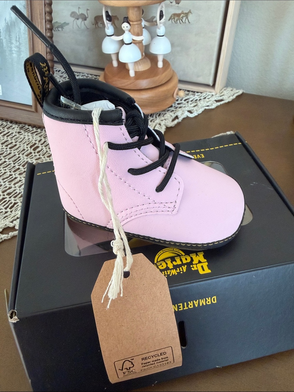 Dr. Martens Kids Light Pink Leather Lace-Up Boot with Black Trim